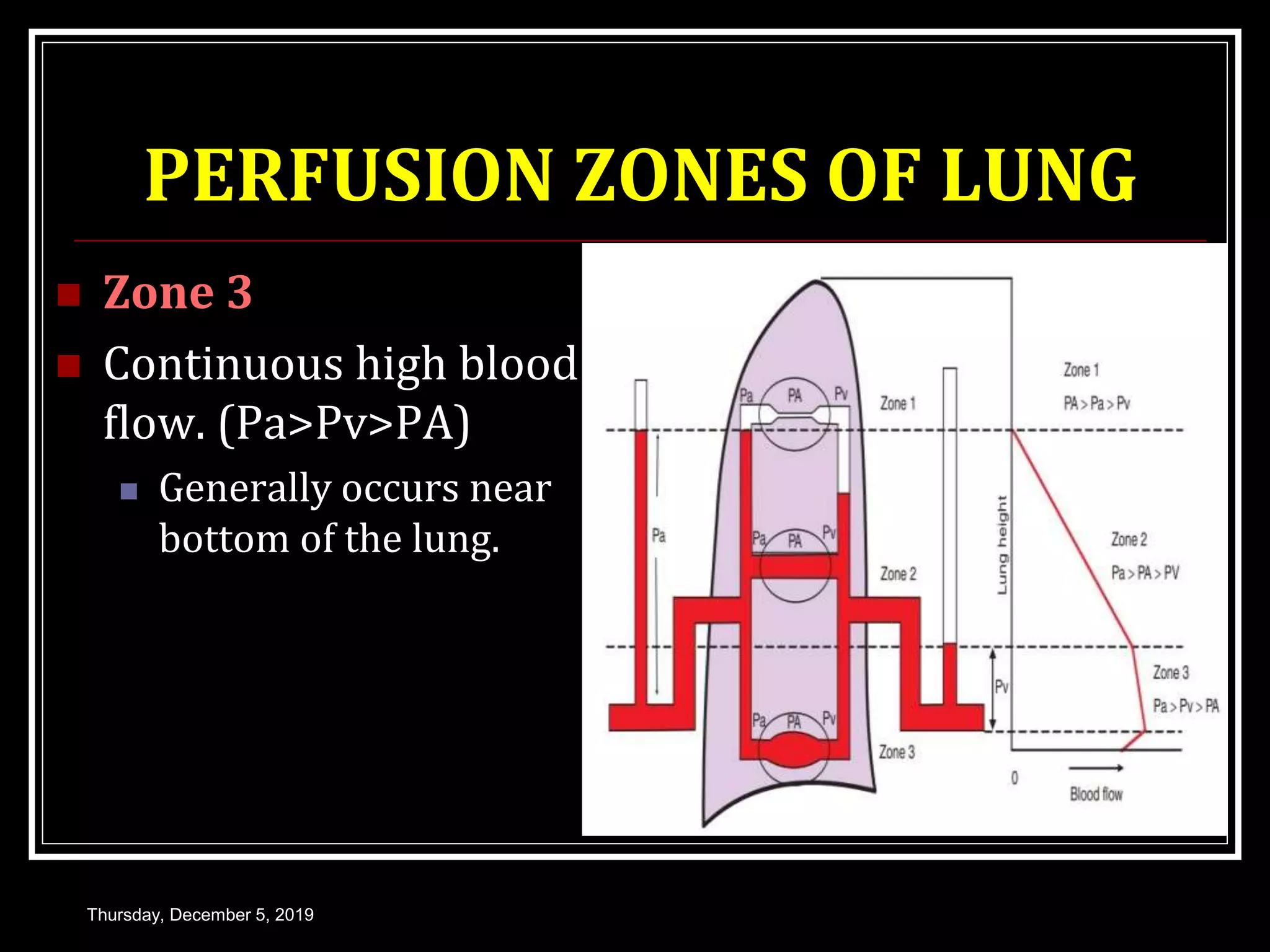 PERFUSION ZONES OF LUNG
 Zone 3
 Continuous high blood
flow. (Pa>Pv>PA)
 Generally occurs near
bottom of the lung.
Thursday, December 5, 2019
 