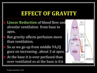 EFFECT OF GRAVITY
 Linear Reduction of blood flow and
alveolar ventilation from base to
apex.
 But gravity affects perfusion more
than ventilation.
 So as we go up from middle VA/Q
goes on increasing , about 3 at apex.
 At the base it is over perfused than
over ventilated so at the base is 0.6
Thursday, December 5, 2019
 