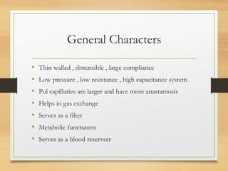 General Characters
• Thin walled , distensible , large compliance
• Low pressure , low resistance , high capacitance system
• Pul capillaries are larger and have more anastamosis
• Helps in gas exchange
• Serves as a filter
• Metabolic functuions
• Serves as a blood reservoir
 
