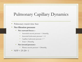 Pulmonary Capillary Dynamics
• Pulmonary transit time 4sec
• Net filtration pressure
• Net outward forces :-
• Interstitial oncotic pressure = 14mmHg
• Intersttial hydrostatic pressure = -8
• Capillary hydroststic pressure = 7
• Total = 29mmHg
• Net inward pressure:-
• Plasma oncotic pressure = 28mmHg
• NFP = 29-28= 1
 