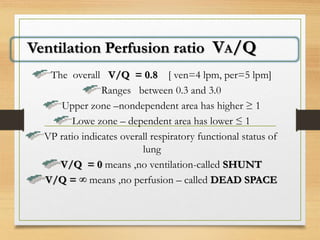 The overall V/Q = 0.8 [ ven=4 lpm, per=5 lpm]
Ranges between 0.3 and 3.0
Upper zone –nondependent area has higher ≥ 1
Lowe zone – dependent area has lower ≤ 1
VP ratio indicates overall respiratory functional status of
lung
V/Q = 0 means ,no ventilation-called SHUNT
V/Q = ∞ means ,no perfusion – called DEAD SPACE
Ventilation Perfusion ratio VA/Q
 