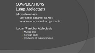COMPLICATIONS
Lungs Atelectasis
Microatelectasis
May not be apparent on Xray
Intrapulmonary shunt → hypoxemia
Lobar /Panlobar Atelectasis
○ Mucus plug
○ Foreign body
○ Intubation of main bronchus
 