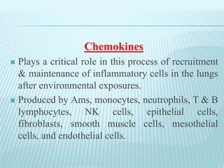 Chemokines
 Plays a critical role in this process of recruitment
& maintenance of inflammatory cells in the lungs
after environmental exposures.
 Produced by Ams, monocytes, neutrophils, T & B
lymphocytes, NK cells, epithelial cells,
fibroblasts, smooth muscle cells, mesothelial
cells, and endothelial cells.
 