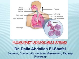 PULMONARY DEFENSE MECHANISMS
Dr. Dalia Abdallah El-Shafei
Lecturer, Community medicine department, Zagazig
University
 