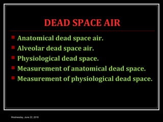DEAD SPACE AIR
 Anatomical dead space air.
 Alveolar dead space air.
 Physiological dead space.
 Measurement of anatomical dead space.
 Measurement of physiological dead space.
Wednesday, June 22, 2016
 