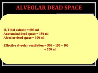 ALVEOLAR DEAD SPACE
 Gas present in under-
perfused or non-perfused
alveoli and excess gas
present in over-ventilated
alveoli.
 Alveolar air that is not
equilibrating with the
pulmonar capillary blood.
If, Tidal volume = 500 mlIf, Tidal volume = 500 ml
Anatomical dead space = 150 mlAnatomical dead space = 150 ml
Alveolar dead space = 100 mlAlveolar dead space = 100 ml
Effective alveolar ventilation = 500 – 150 – 100Effective alveolar ventilation = 500 – 150 – 100
= 250 ml= 250 ml
 