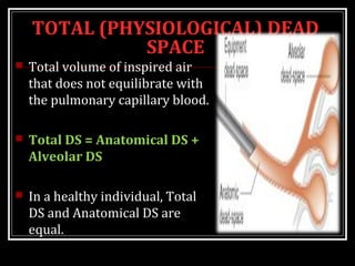 TOTAL (PHYSIOLOGICAL) DEAD
SPACE
 Total volume of inspired air
that does not equilibrate with
the pulmonary capillary blood.
 Total DS = Anatomical DS +
Alveolar DS
 In a healthy individual, Total
DS and Anatomical DS are
equal.
 