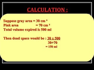 CALCULATION :
 VE = total volume of
expired air.
 VD = dead space air
Suppose gray area = 30 cm ²Suppose gray area = 30 cm ²
Pink areaPink area = 70 cm ²= 70 cm ²
Total volume expired is 500 mlTotal volume expired is 500 ml
Then dead space would be :Then dead space would be : 30 x 50030 x 500
30+7030+70
= 150 ml= 150 ml
 