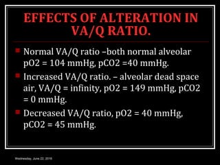EFFECTS OF ALTERATION IN
VA/Q RATIO.
 Normal VA/Q ratio –both normal alveolar
pO2 = 104 mmHg, pCO2 =40 mmHg.
 Increased VA/Q ratio. – alveolar dead space
air, VA/Q = infinity, pO2 = 149 mmHg, pCO2
= 0 mmHg.
 Decreased VA/Q ratio, pO2 = 40 mmHg,
pCO2 = 45 mmHg.
Wednesday, June 22, 2016
 