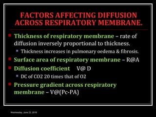 FACTORS AFFECTING DIFFUSION
ACROSS RESPIRATORY MEMBRANE.
 Thickness of respiratory membrane – rate of
diffusion inversely proportional to thickness.
 Thickness increases in pulmonary oedema & fibrosis.
 Surface area of respiratory membrane – R@A
 Diffusion coefficient V@ D
 DC of CO2 20 times that of O2
 Pressure gradient across respiratory
membrane – V@(Pc-PA)
Wednesday, June 22, 2016
 