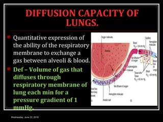 DIFFUSION CAPACITY OF
LUNGS.
 Quantitative expression of
the ability of the respiratory
membrane to exchange a
gas between alveoli & blood.
 Def – Volume of gas that
diffuses through
respiratory membrane of
lung each min for a
pressure gradient of 1
mmHg.
Wednesday, June 22, 2016
 