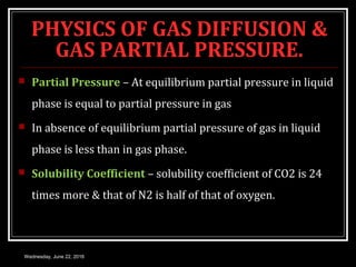 PHYSICS OF GAS DIFFUSION &
GAS PARTIAL PRESSURE.
 Partial Pressure – At equilibrium partial pressure in liquid
phase is equal to partial pressure in gas
 In absence of equilibrium partial pressure of gas in liquid
phase is less than in gas phase.
 Solubility Coefficient – solubility coefficient of CO2 is 24
times more & that of N2 is half of that of oxygen.
Wednesday, June 22, 2016
 