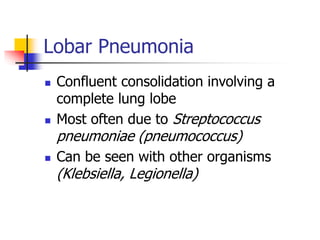 Lobar Pneumonia
 Confluent consolidation involving a
complete lung lobe
 Most often due to Streptococcus
pneumoniae (pneumococcus)
 Can be seen with other organisms
(Klebsiella, Legionella)
 