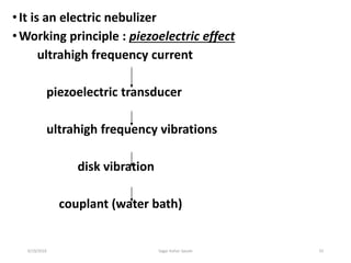 33
•It is an electric nebulizer
•Working principle : piezoelectric effect
ultrahigh frequency current
piezoelectric transducer
ultrahigh frequency vibrations
disk vibration
couplant (water bath)
6/19/2016 Sagar kishor Savale
 