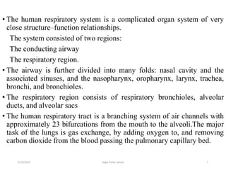 7
• The human respiratory system is a complicated organ system of very
close structure–function relationships.
The system consisted of two regions:
The conducting airway
The respiratory region.
• The airway is further divided into many folds: nasal cavity and the
associated sinuses, and the nasopharynx, oropharynx, larynx, trachea,
bronchi, and bronchioles.
• The respiratory region consists of respiratory bronchioles, alveolar
ducts, and alveolar sacs
• The human respiratory tract is a branching system of air channels with
approximately 23 bifurcations from the mouth to the alveoli.The major
task of the lungs is gas exchange, by adding oxygen to, and removing
carbon dioxide from the blood passing the pulmonary capillary bed.
6/19/2016 Sagar kishor Savale
 