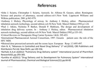 74
•John J. Sciarra, Christopher J. Sciarra, Aerosols. In: Alfonso R. Geearo, editor. Remington:
Science and practice of pharmacy, second edition.vol-1.New York: Lippincott Williams and
Wilkins publication; 2001.p.963-979.
•Anthony J. Hickey, Physiology of airway. In: Anthony J. Hickey, editor. Pharmaceutical
inhalation aerosols technology, second edition.vol-54.New York: Marcel Dekker;1992.p.1-24.
•Paul J. Atkins, Nicholas P. Barker, Donald P. Mathisen, The design and development of
inhalation drug delivery system. In : Anthony J. Hickey, editor. Pharmaceutical inhalation
aerosols technology, second edition.vol-54.New York: Marcel Dekker;1992.p.155-181.
•Critical Reviews in Therapeutic Drug Carrier Systems 14(4): 395-453.
•International Pharmaceutcial Aerosol Consortium, 1997. Ensurin patient care- the role of the
HFC MDI.
•Metered dose pressurized aerosols and the ozone layer. European Resp. J.3:495-497.
•Jain N. K, “Advances in Controlled and Novel Drug Delivery” 1st ed.(2010), CBS Publishers and
Distributors Pvt.Ltd. New Delhi, pp.120-156.
•Karhale A.A.et al(2012) “Pulmonary Drug Delivery system” International journal of PharmTech
Research(4)1,pp.293-305.
•Sunitha et al(2011) “Drug Delivery and its Development for Pulmonary System” International
Journal of Pharmaceutical, Chemical and Biological Sciences(1)1,pp.66-82
References
6/19/2016 Sagar kishor Savale
 