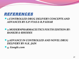 REFERENCES
1.CONTROLLED DRUG DELIVERY CONCEPTS AND
 ADVANCES BY-S.P.VYAS & R.P.KHAR

2.MODERNPHARMACEUTICS FOUTH EDITION BY-
 BANKER & RHODES

3.ADVANCE IN CONTROLLED AND NOVEL DRUG
 DELIVERY BY-N.K. JAIN
4. Google.com


                                           27
 