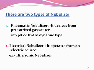 There are two types of Nebulizer

1. Pneumatic Nebulizer :-It derives from
   pressurized gas source
   ex:- jet or hydro ...