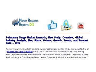 Pulmonary Drugs Market Research, New Study, Overview, Global
Industry Analysis, Size, Share, Volume, Growth, Trends, and Forecast
2016 - 2024
Recent research, new study and the current scenario as well as future market potential of
"Pulmonary Drugs Market (Drug Class - Inhaled Corticosteroids (ICS), Long-Acting
Beta2-Agonists (LABA), Antihistamines, Vasodilators, Short-Acting Beta2-Agonists (SABA),
Anticholinergics, Combination Drugs, MAbs, Enzymes, Antibiotics, and Antileukotrienes;
 