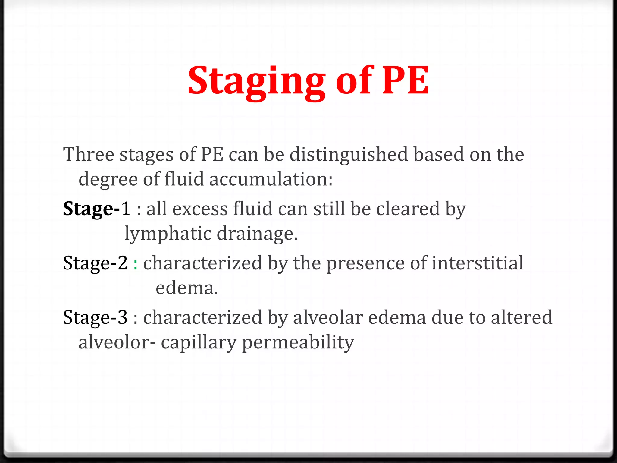 Staging of PE
Three stages of PE can be distinguished based on the
degree of fluid accumulation:
Stage-1 : all excess fluid can still be cleared by
lymphatic drainage.
Stage-2 : characterized by the presence of interstitial
edema.
Stage-3 : characterized by alveolar edema due to altered
alveolor- capillary permeability
 