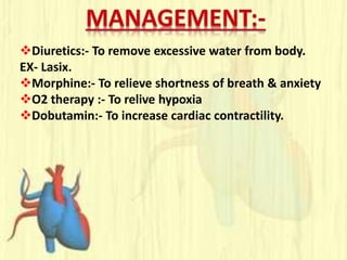 Diuretics:- To remove excessive water from body.
EX- Lasix.
Morphine:- To relieve shortness of breath & anxiety
O2 therapy :- To relive hypoxia
Dobutamin:- To increase cardiac contractility.
 