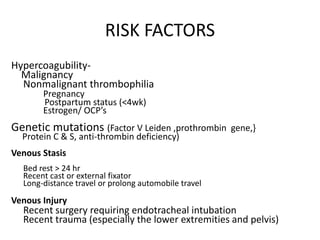 RISK FACTORS
Hypercoagubility-
Malignancy
Nonmalignant thrombophilia
Pregnancy
Postpartum status (<4wk)
Estrogen/ OCP’s
Genetic mutations (Factor V Leiden ,prothrombin gene,}
Protein C & S, anti-thrombin deficiency)
Venous Stasis
Bed rest > 24 hr
Recent cast or external fixator
Long-distance travel or prolong automobile travel
Venous Injury
Recent surgery requiring endotracheal intubation
Recent trauma (especially the lower extremities and pelvis)
 