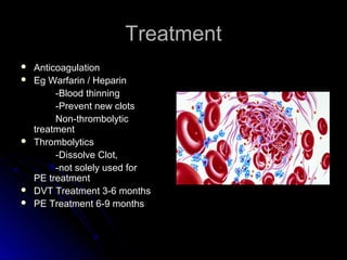 TreatmentTreatment
 AnticoagulationAnticoagulation
 Eg Warfarin / HeparinEg Warfarin / Heparin
-Blood thinning-Blood thinning
-Prevent new clots-Prevent new clots
Non-thrombolyticNon-thrombolytic
treatmenttreatment
 ThrombolyticsThrombolytics
-Dissolve Clot,-Dissolve Clot,
-not solely used for-not solely used for
PE treatmentPE treatment
 DVT Treatment 3-6 monthsDVT Treatment 3-6 months
 PE Treatment 6-9 monthsPE Treatment 6-9 months
 