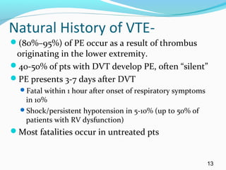 Natural History of VTE-
(80%–95%) of PE occur as a result of thrombus
originating in the lower extremity.
40-50% of pts with DVT develop PE, often “silent”
PE presents 3-7 days after DVT
Fatal within 1 hour after onset of respiratory symptoms
in 10%
Shock/persistent hypotension in 5-10% (up to 50% of
patients with RV dysfunction)
Most fatalities occur in untreated pts
13
 