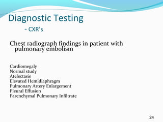 Diagnostic Testing
- CXR’s
Chest radiograph findings in patient with
pulmonary embolism
Cardiomegaly
Normal study
Atelectasis
Elevated Hemidiaphragm
Pulmonary Artery Enlargement
Pleural Effusion
Parenchymal Pulmonary Infiltrate
24
 