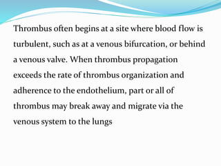Thrombus often begins at a site where blood flow is
turbulent, such as at a venous bifurcation, or behind
a venous valve. When thrombus propagation
exceeds the rate of thrombus organization and
adherence to the endothelium, part or all of
thrombus may break away and migrate via the
venous system to the lungs
 