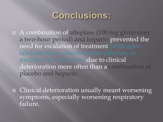  A combination of alteplase (100 mg given over
a two-hour period) and heparin prevented the
need for escalation of treatment (with open-
label alteplase, catecholamine infusion, or
mechanical ventilation) due to clinical
deterioration more often than a combination of
placebo and heparin.
 Clinical deterioration usually meant worsening
symptoms, especially worsening respiratory
failure.
 