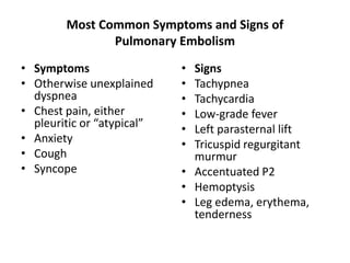 Most Common Symptoms and Signs of
Pulmonary Embolism
• Symptoms
• Otherwise unexplained
dyspnea
• Chest pain, either
pleuritic or “atypical”
• Anxiety
• Cough
• Syncope
• Signs
• Tachypnea
• Tachycardia
• Low-grade fever
• Left parasternal lift
• Tricuspid regurgitant
murmur
• Accentuated P2
• Hemoptysis
• Leg edema, erythema,
tenderness
 