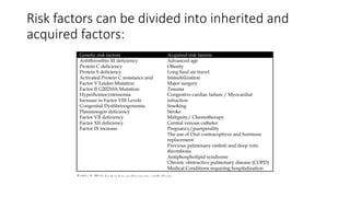 Risk factors can be divided into inherited and
acquired factors:
 