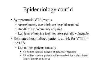 Epidemiology cont’d
• Symptomatic VTE events
• Approximately two-thirds are hospital acquired.
• One-third are community acquired.
• Residents of nursing facilities are especially vulnerable.
• Estimated hospitalized patients at risk for VTE in
the U.S.
• 13.4 million patients annually
• 5.8 million surgical patients at moderate–high risk
• 7.6 million medical patients with comorbidities such as heart
failure, cancer, and stroke
 