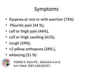 Symptoms
•   Dyspnea at rest or with exertion (73%)
•    Pleuritic pain (44 %),
•   calf or thigh pain (44%),
•   calf or thigh swelling (41%),
•   cough (34%),
•   >2-pillow orthopnea (28% ),
•   wheezing (21 %)
      PIOPED II. Stein PD , Beemath A et al
      Am J Med. 2007;120(10):871.
 