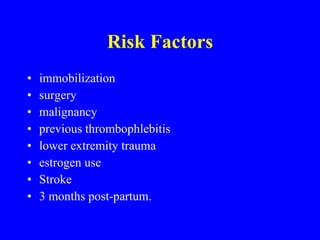 Risk Factors immobilization surgery malignancy previous thrombophlebitis lower extremity trauma estrogen use Stroke 3 months post-partum.  