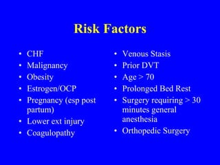 Risk Factors CHF Malignancy Obesity Estrogen/OCP Pregnancy (esp post partum) Lower ext injury Coagulopathy Venous Stasis Prior DVT Age > 70 Prolonged Bed Rest Surgery requiring > 30 minutes general anesthesia Orthopedic Surgery 