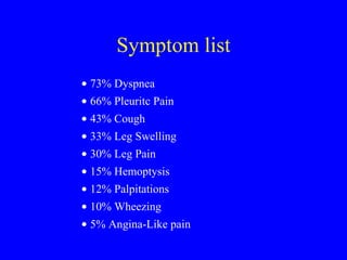 Symptom list 73% Dyspnea  66% Pleuritc Pain  43% Cough  33% Leg Swelling  30% Leg Pain  15% Hemoptysis  12% Palpitations  10% Wheezing  5% Angina-Like pain 