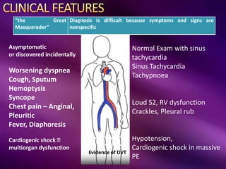 “the Great
Masquerader”
Diagnosis is difficult because symptoms and signs are
nonspecific
Asymptomatic
or discovered incidentally
Worsening dyspnea
Cough, Sputum
Hemoptysis
Syncope
Chest pain – Anginal,
Pleuritic
Fever, Diaphoresis
Cardiogenic shock
multiorgan dysfunction
Evidence of DVT
Normal Exam with sinus
tachycardia
Sinus Tachycardia
Tachypnoea
Loud S2, RV dysfunction
Crackles, Pleural rub
Hypotension,
Cardiogenic shock in massive
PE
 