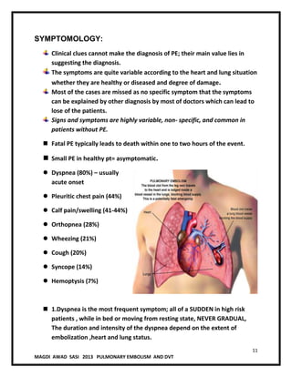 11
MAGDI AWAD SASI 2013 PULMONARY EMBOLISM AND DVT
SYMPTOMOLOGY:
Clinical clues cannot make the diagnosis of PE; their main value lies in
suggesting the diagnosis.
The symptoms are quite variable according to the heart and lung situation
whether they are healthy or diseased and degree of damage.
Most of the cases are missed as no specific symptom that the symptoms
can be explained by other diagnosis by most of doctors which can lead to
lose of the patients.
Signs and symptoms are highly variable, non- specific, and common in
patients without PE.
 Fatal PE typically leads to death within one to two hours of the event.
 Small PE in healthy pt= asymptomatic.
 Dyspnea (80%) – usually
acute onset
 Pleuritic chest pain (44%)
 Calf pain/swelling (41-44%)
 Orthopnea (28%)
 Wheezing (21%)
 Cough (20%)
 Syncope (14%)
 Hemoptysis (7%)
 1.Dyspnea is the most frequent symptom; all of a SUDDEN in high risk
patients , while in bed or moving from resting state, NEVER GRADUAL,
The duration and intensity of the dyspnea depend on the extent of
embolization ,heart and lung status.
 