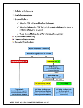 27
MAGDI AWAD SASI 2013 PULMONARY EMBOLISM AND DVT
 Catheter embolectomy
 Surgical embolectomy
 Reasonable for…
 Massive PE if still unstable after fibrinolysis
 Massive/Submassive PE if fibrinolysis is contra-indicated or there is
evidence of adverse prognosis
o Three General Categories of Percutaneous Intervention
Aspiration thrombectomy
Thrombus fragmentation
Rheolytic thrombectomy
 