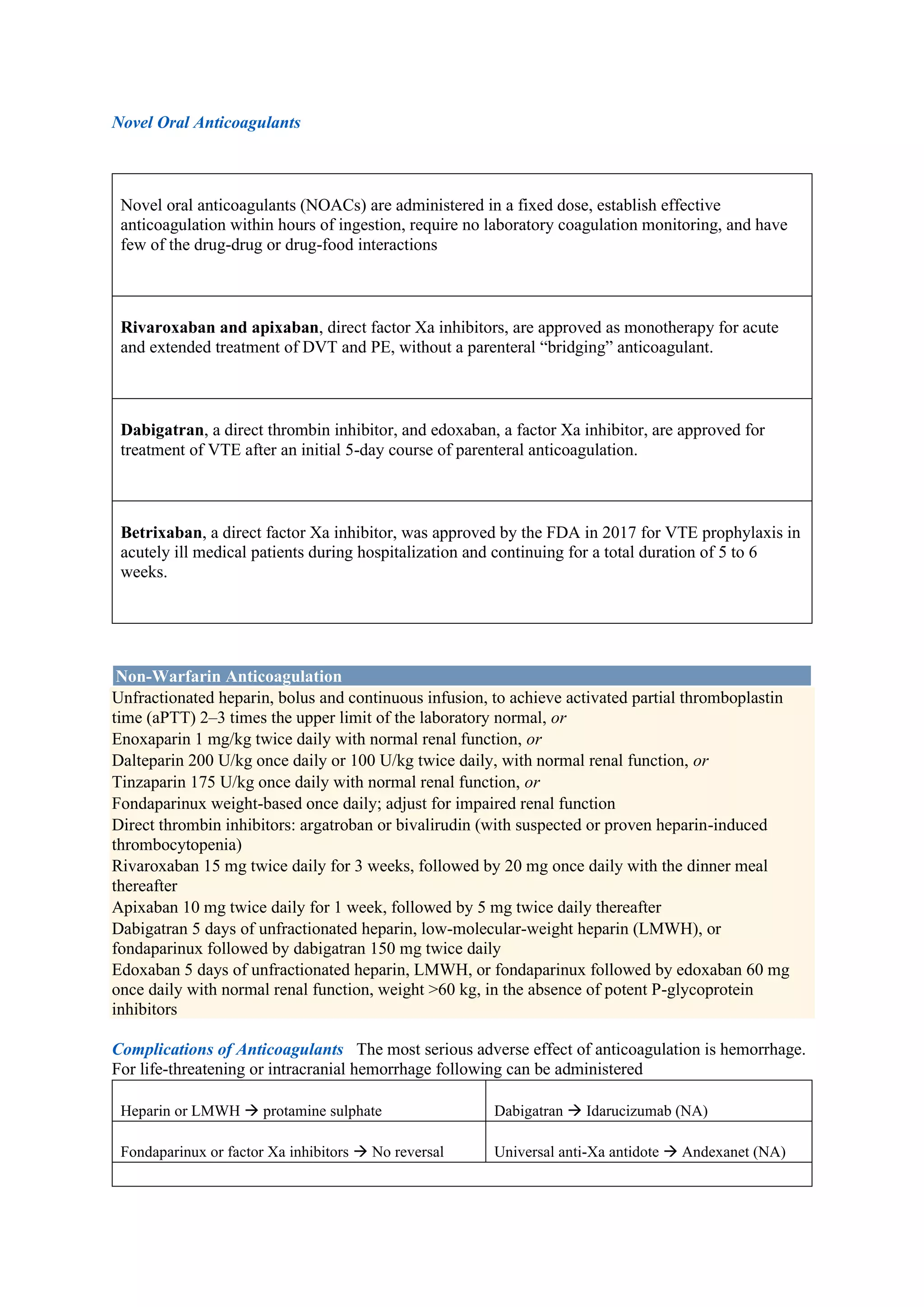 Novel Oral Anticoagulants
Novel oral anticoagulants (NOACs) are administered in a fixed dose, establish effective
anticoagulation within hours of ingestion, require no laboratory coagulation monitoring, and have
few of the drug-drug or drug-food interactions
Rivaroxaban and apixaban, direct factor Xa inhibitors, are approved as monotherapy for acute
and extended treatment of DVT and PE, without a parenteral “bridging” anticoagulant.
Dabigatran, a direct thrombin inhibitor, and edoxaban, a factor Xa inhibitor, are approved for
treatment of VTE after an initial 5-day course of parenteral anticoagulation.
Betrixaban, a direct factor Xa inhibitor, was approved by the FDA in 2017 for VTE prophylaxis in
acutely ill medical patients during hospitalization and continuing for a total duration of 5 to 6
weeks.
Non-Warfarin Anticoagulation
Unfractionated heparin, bolus and continuous infusion, to achieve activated partial thromboplastin
time (aPTT) 2–3 times the upper limit of the laboratory normal, or
Enoxaparin 1 mg/kg twice daily with normal renal function, or
Dalteparin 200 U/kg once daily or 100 U/kg twice daily, with normal renal function, or
Tinzaparin 175 U/kg once daily with normal renal function, or
Fondaparinux weight-based once daily; adjust for impaired renal function
Direct thrombin inhibitors: argatroban or bivalirudin (with suspected or proven heparin-induced
thrombocytopenia)
Rivaroxaban 15 mg twice daily for 3 weeks, followed by 20 mg once daily with the dinner meal
thereafter
Apixaban 10 mg twice daily for 1 week, followed by 5 mg twice daily thereafter
Dabigatran 5 days of unfractionated heparin, low-molecular-weight heparin (LMWH), or
fondaparinux followed by dabigatran 150 mg twice daily
Edoxaban 5 days of unfractionated heparin, LMWH, or fondaparinux followed by edoxaban 60 mg
once daily with normal renal function, weight >60 kg, in the absence of potent P-glycoprotein
inhibitors
Complications of Anticoagulants The most serious adverse effect of anticoagulation is hemorrhage.
For life-threatening or intracranial hemorrhage following can be administered
Heparin or LMWH → protamine sulphate Dabigatran → Idarucizumab (NA)
Fondaparinux or factor Xa inhibitors → No reversal Universal anti-Xa antidote → Andexanet (NA)
 