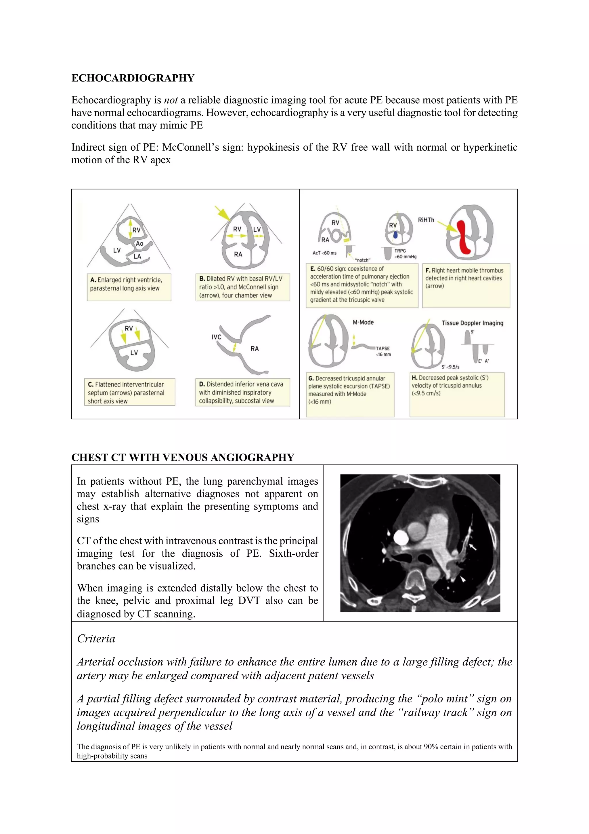 ECHOCARDIOGRAPHY
Echocardiography is not a reliable diagnostic imaging tool for acute PE because most patients with PE
have normal echocardiograms. However, echocardiography is a very useful diagnostic tool for detecting
conditions that may mimic PE
Indirect sign of PE: McConnell’s sign: hypokinesis of the RV free wall with normal or hyperkinetic
motion of the RV apex
CHEST CT WITH VENOUS ANGIOGRAPHY
In patients without PE, the lung parenchymal images
may establish alternative diagnoses not apparent on
chest x-ray that explain the presenting symptoms and
signs
CT of the chest with intravenous contrast is the principal
imaging test for the diagnosis of PE. Sixth-order
branches can be visualized.
When imaging is extended distally below the chest to
the knee, pelvic and proximal leg DVT also can be
diagnosed by CT scanning.
Criteria
Arterial occlusion with failure to enhance the entire lumen due to a large filling defect; the
artery may be enlarged compared with adjacent patent vessels
A partial filling defect surrounded by contrast material, producing the “polo mint” sign on
images acquired perpendicular to the long axis of a vessel and the “railway track” sign on
longitudinal images of the vessel
The diagnosis of PE is very unlikely in patients with normal and nearly normal scans and, in contrast, is about 90% certain in patients with
high-probability scans
 