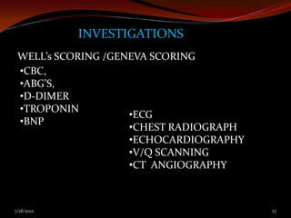INVESTIGATIONS
 WELL’s SCORING /GENEVA SCORING
 •CBC,
 •ABG’S,
 •D-DIMER
 •TROPONIN
                    •ECG
 •BNP
                    •CHEST RADIOGRAPH
                    •ECHOCARDIOGRAPHY
                    •V/Q SCANNING
                    •CT ANGIOGRAPHY



7/18/2012                               27
 
