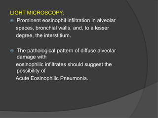 LIGHT MICROSCOPY:
 Prominent eosinophil infiltration in alveolar
spaces, bronchial walls, and, to a lesser
degree, the interstitium.
 The pathological pattern of diffuse alveolar
damage with
eosinophilic infiltrates should suggest the
possibility of
Acute Eosinophilic Pneumonia.
 