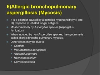 6)Allergic bronchopulmonary
aspergillosis (Mycosis)
 It is a disorder caused by a complex hypersensitivity (I and
III) response to inhaled fungal antigens.
 Most commonly by Aspergillus species (Aspergillus
fumigatus)
 When induced by non-Aspergillus species, the syndrome is
called allergic broncho pulmonary mycosis.
 Other cases may be due to
 Candida
 Pseudomonas aeruginosa
 Aspergillus terreus
 Helminthosporium
 Curvularia lunata
 