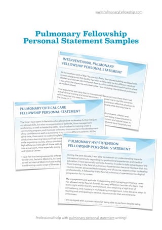 www.PulmonaryFellowship.com
Pulmonary Fellowship
Personal Statement Samples 
Professional help with pulmonary personal statement writing!
 
