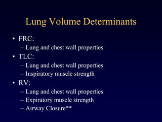 Lung Volume Determinants
• FRC:
– Lung and chest wall properties
• TLC:
– Lung and chest wall properties
– Inspiratory muscle strength
• RV:
– Lung and chest wall properties
– Expiratory muscle strength
– Airway Closure**
 
