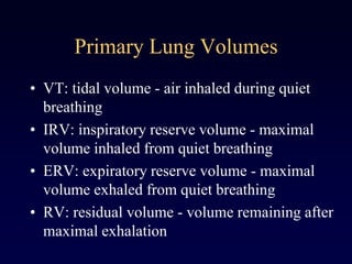 Primary Lung Volumes
• VT: tidal volume - air inhaled during quiet
breathing
• IRV: inspiratory reserve volume - maximal
volume inhaled from quiet breathing
• ERV: expiratory reserve volume - maximal
volume exhaled from quiet breathing
• RV: residual volume - volume remaining after
maximal exhalation
 
