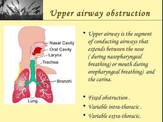 Upper airway obstruction
• Upper airway is the segment
of conducting airways that
extends between the nose
( during nasopharyngeal
breathing) or mouth during
oropharyngeal breathing) and
the carina.
• Fixed obstruction .
• Variable intra-thoracic .
• Variable extra-thoracic.
 